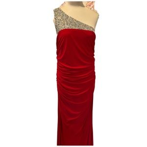 jS boutique one shoulder, red full length dress